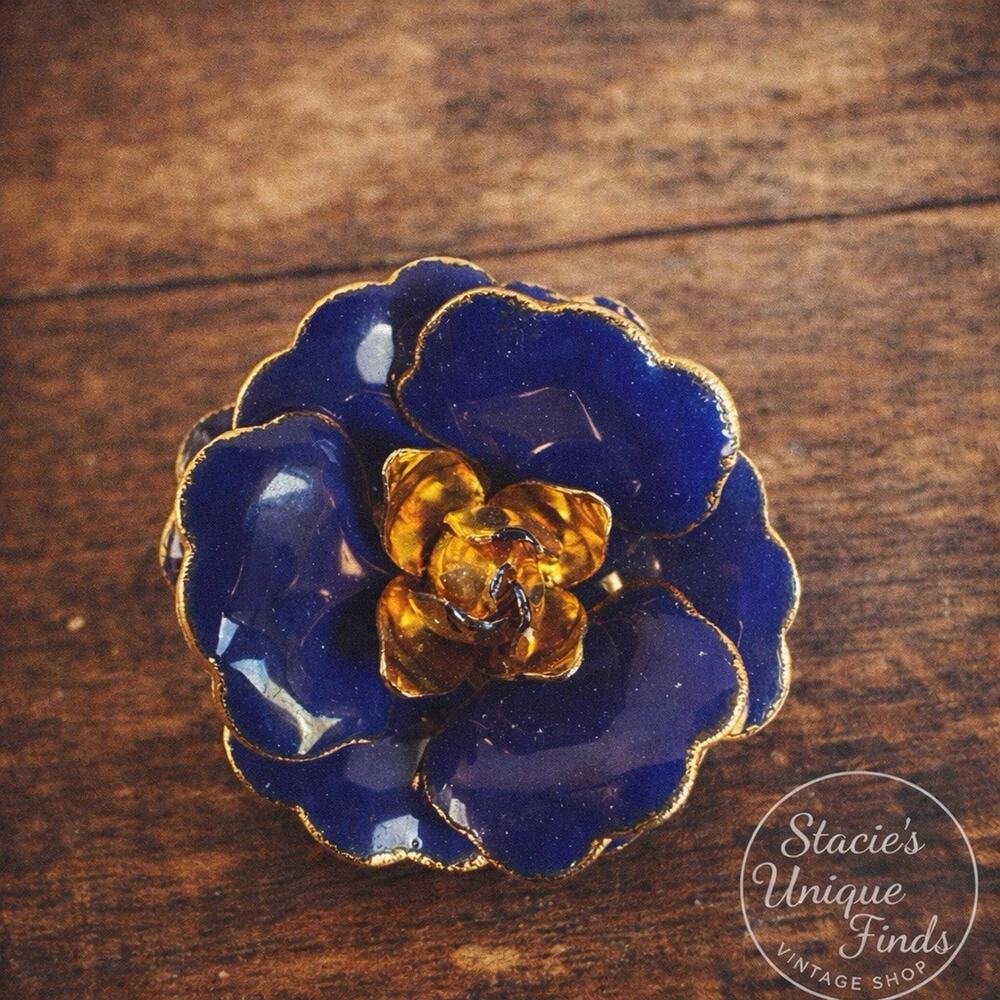 Retro Hippy Mod 60's Blue & Gold Tone Enamel Flower Pin Brooch